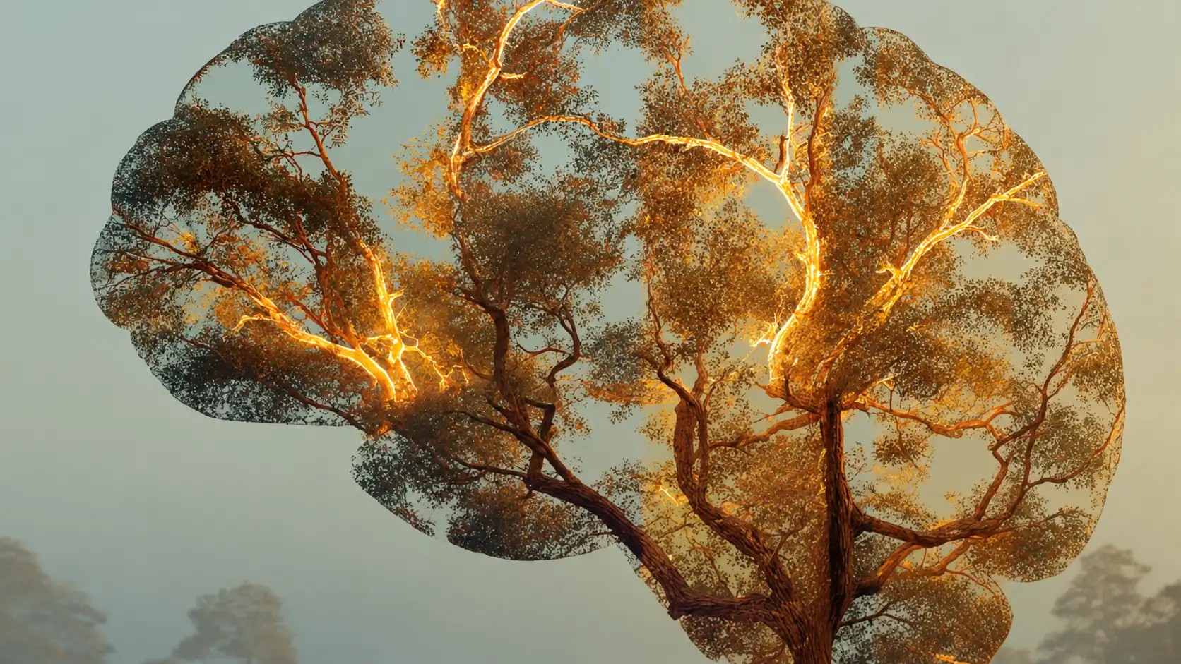 A luminous tree growing in the shape of a human brain